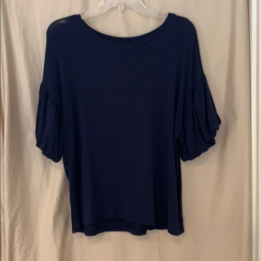 navy blue top with balloon sleeves
